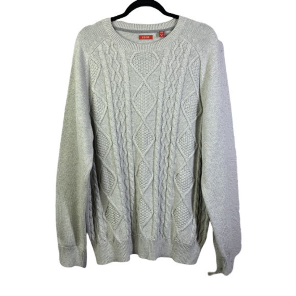 IZOD Sweater Light Grey Cotton Cable Knit Preppy Irish Ski Crew Neck- NWT